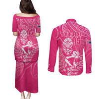 New Zealand Silver Fern Rugby Custom Couples Matching Puletasi and Long Sleeve Button Shirt Maori Tiki Pink Version