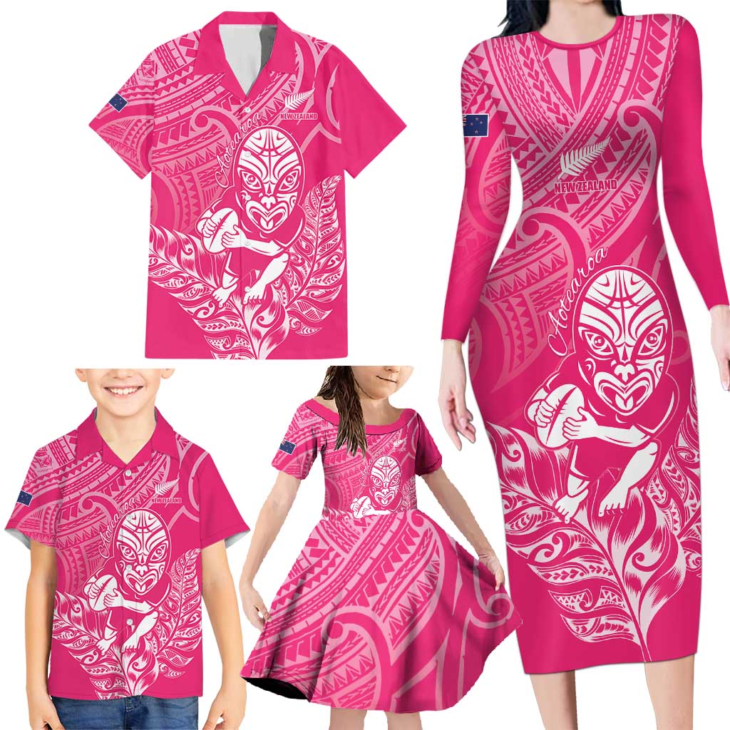 New Zealand Silver Fern Rugby Custom Family Matching Long Sleeve Bodycon Dress and Hawaiian Shirt Maori Tiki Pink Version