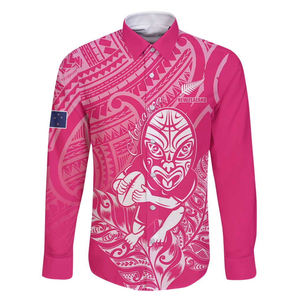New Zealand Silver Fern Rugby Custom Family Matching Long Sleeve Bodycon Dress and Hawaiian Shirt Maori Tiki Pink Version