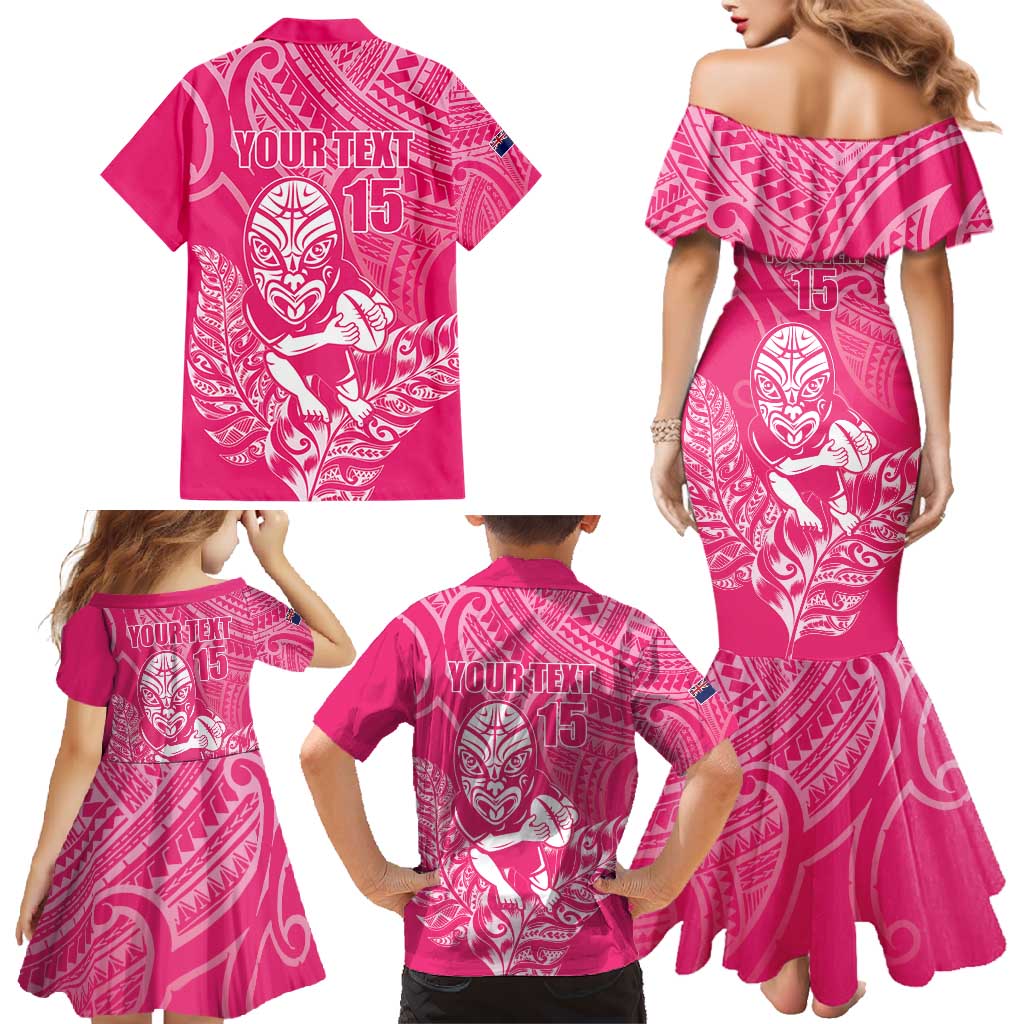 New Zealand Silver Fern Rugby Custom Family Matching Mermaid Dress and Hawaiian Shirt Maori Tiki Pink Version