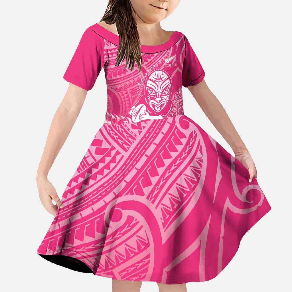 New Zealand Silver Fern Rugby Custom Family Matching Off Shoulder Maxi Dress and Hawaiian Shirt Maori Tiki Pink Version