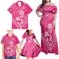 New Zealand Silver Fern Rugby Custom Family Matching Off Shoulder Maxi Dress and Hawaiian Shirt Maori Tiki Pink Version