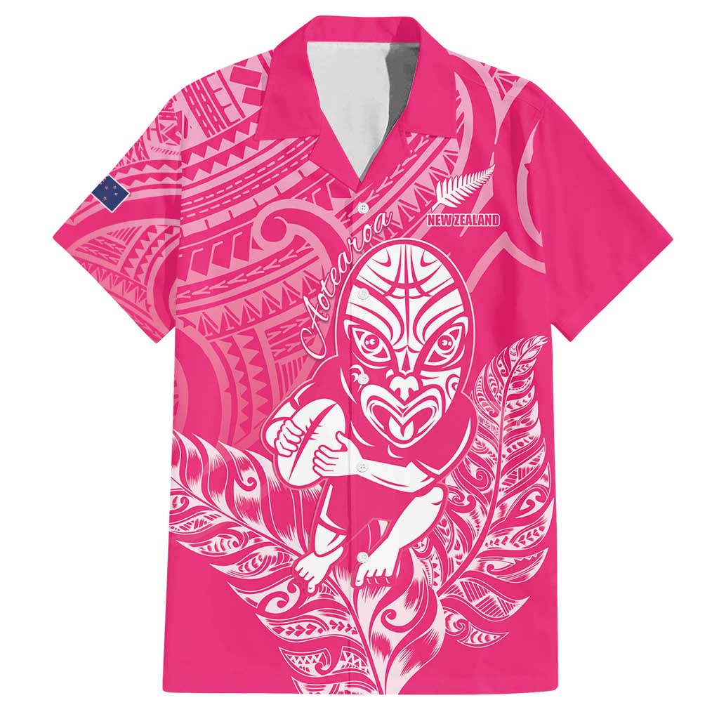 New Zealand Silver Fern Rugby Custom Family Matching Off Shoulder Short Dress and Hawaiian Shirt Maori Tiki Pink Version