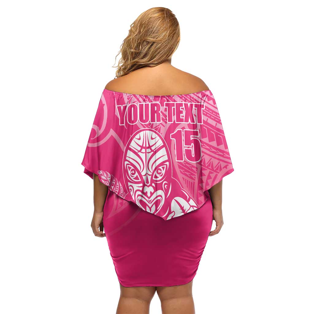 New Zealand Silver Fern Rugby Custom Family Matching Off Shoulder Short Dress and Hawaiian Shirt Maori Tiki Pink Version