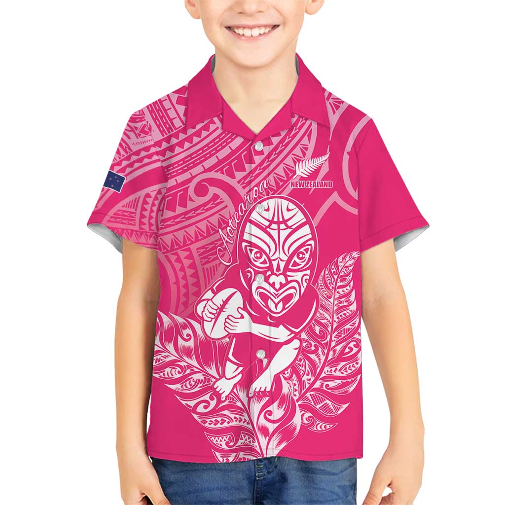 New Zealand Silver Fern Rugby Custom Family Matching Off Shoulder Short Dress and Hawaiian Shirt Maori Tiki Pink Version