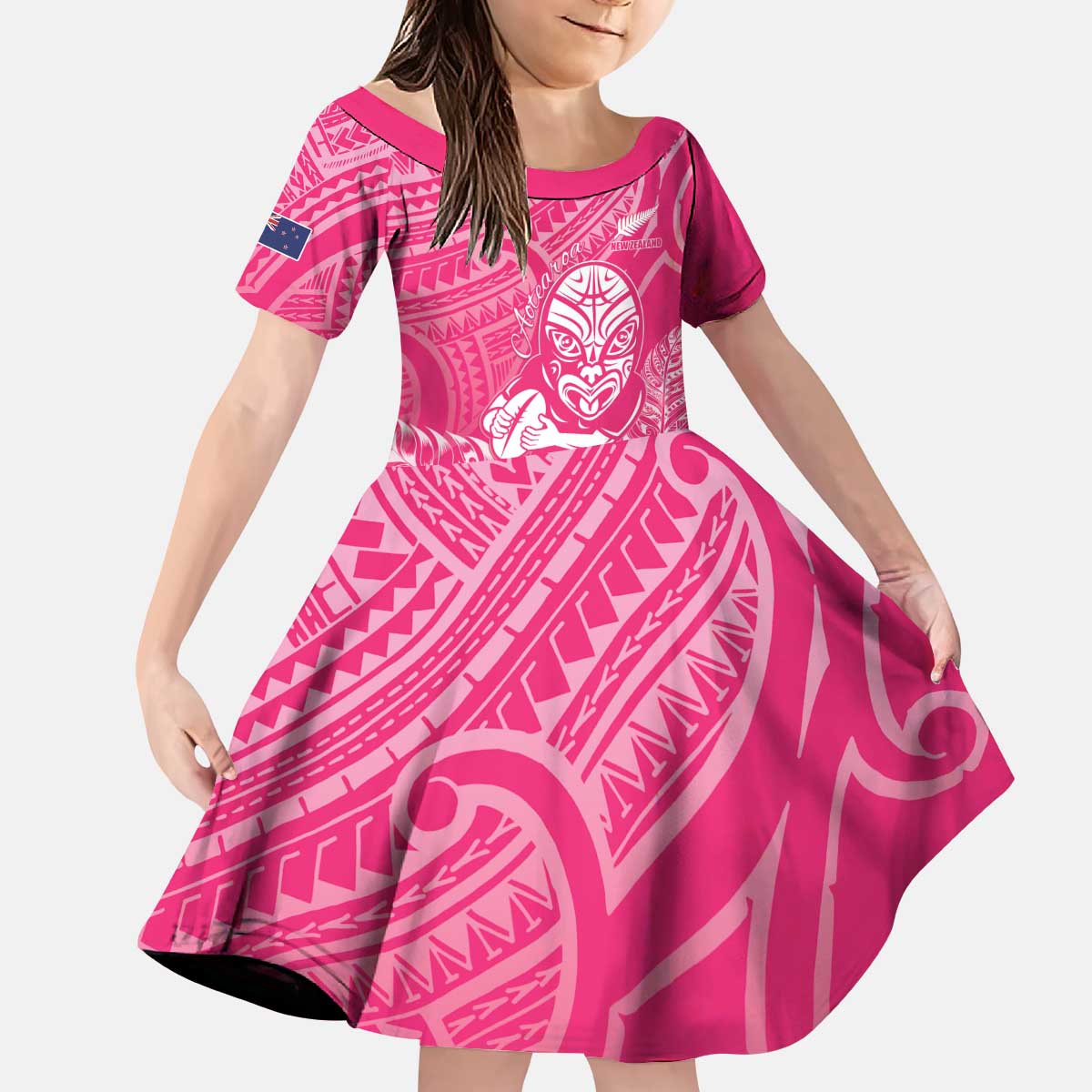 New Zealand Silver Fern Rugby Custom Kid Short Sleeve Dress Maori Tiki Pink Version