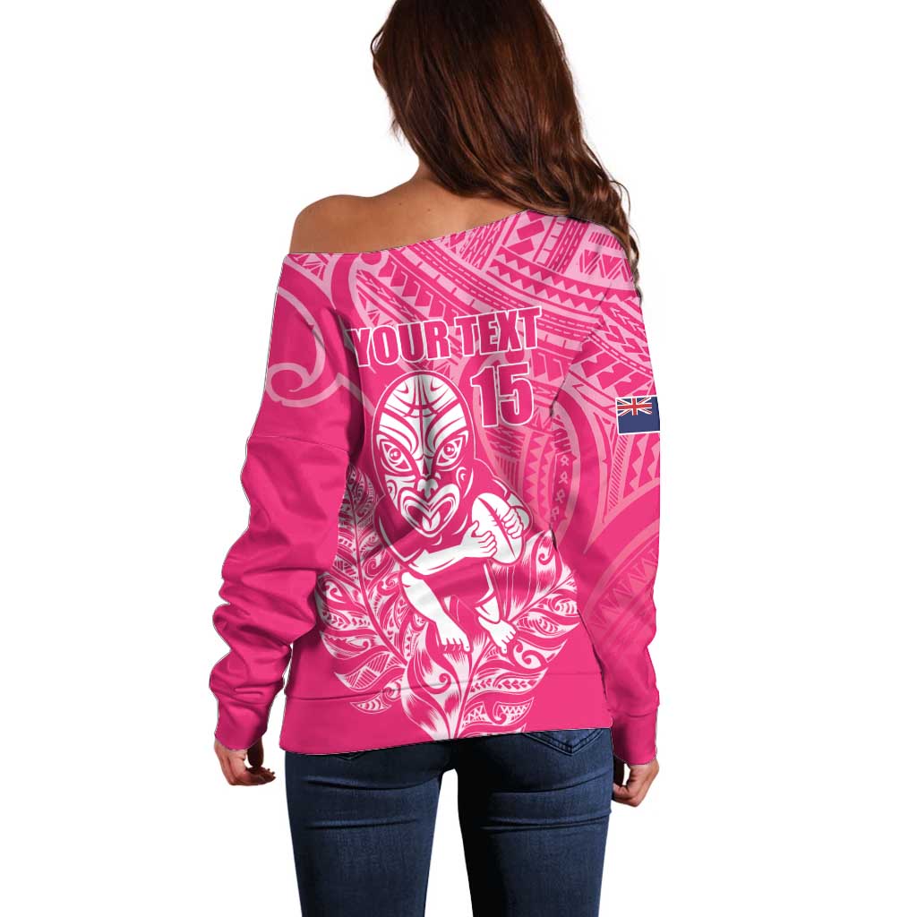 New Zealand Silver Fern Rugby Custom Off Shoulder Sweater Maori Tiki Pink Version
