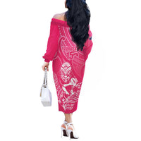 New Zealand Silver Fern Rugby Custom Off The Shoulder Long Sleeve Dress Maori Tiki Pink Version