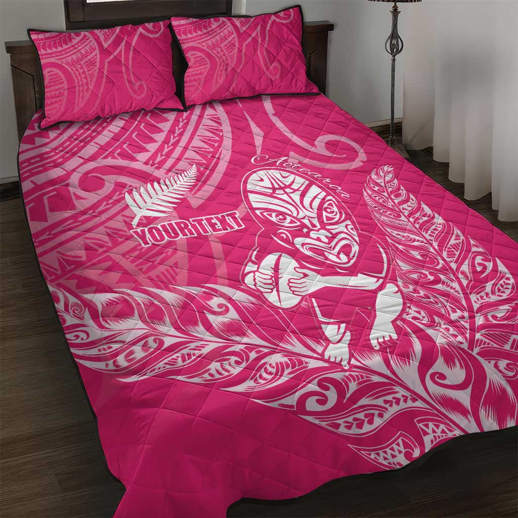 New Zealand Silver Fern Rugby Custom Quilt Bed Set Maori Tiki Pink Version