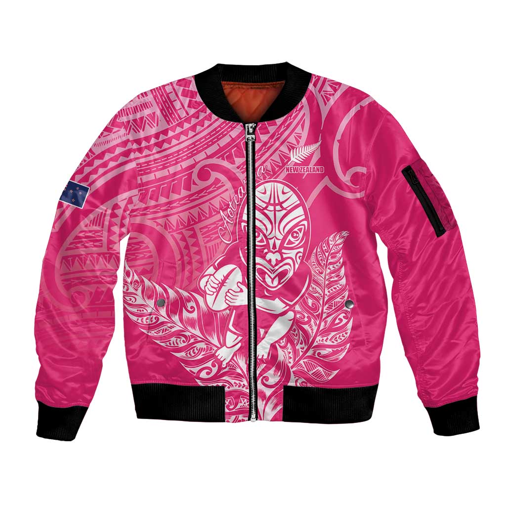 New Zealand Silver Fern Rugby Custom Sleeve Zip Bomber Jacket Maori Tiki Pink Version