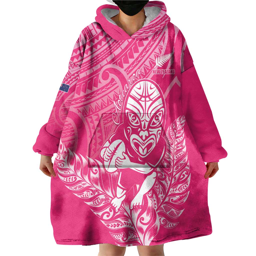 New Zealand Silver Fern Rugby Custom Wearable Blanket Hoodie Maori Tiki Pink Version