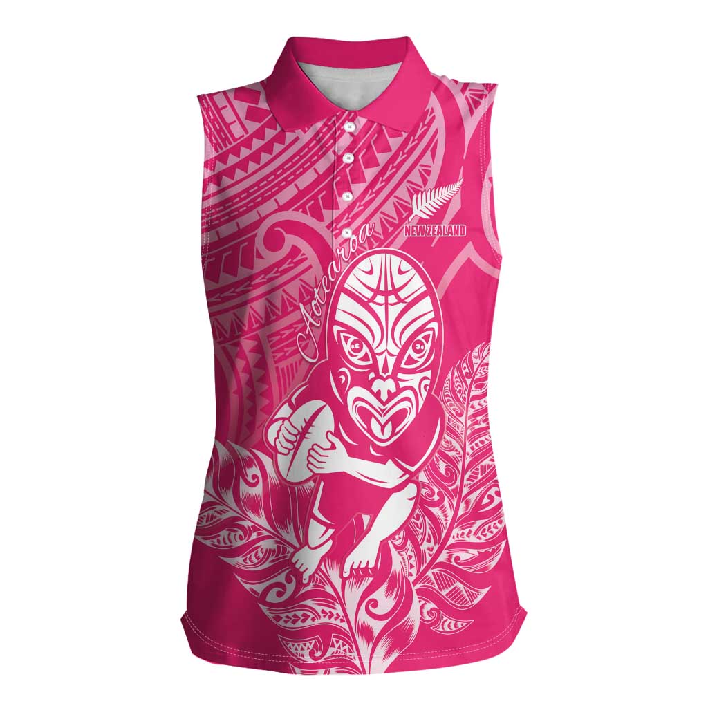 New Zealand Silver Fern Rugby Custom Women Sleeveless Polo Shirt Maori Tiki Pink Version