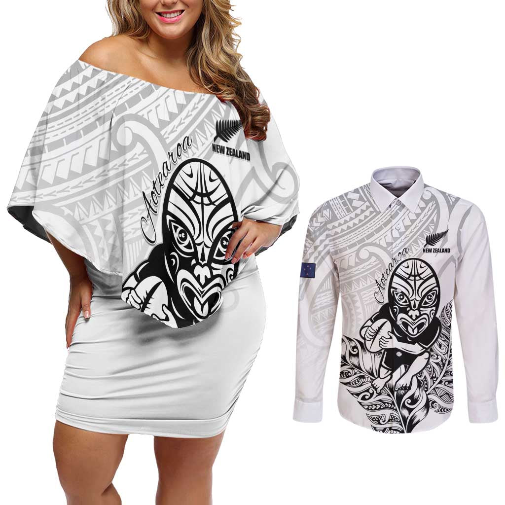New Zealand Silver Fern Rugby Custom Couples Matching Off Shoulder Short Dress and Long Sleeve Button Shirt Maori Tiki White Version
