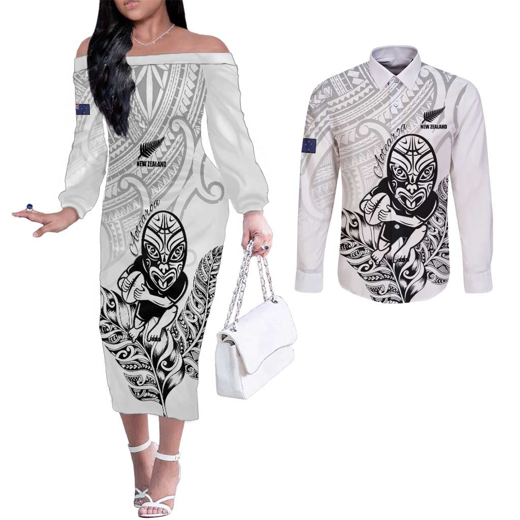 New Zealand Silver Fern Rugby Custom Couples Matching Off The Shoulder Long Sleeve Dress and Long Sleeve Button Shirt Maori Tiki White Version