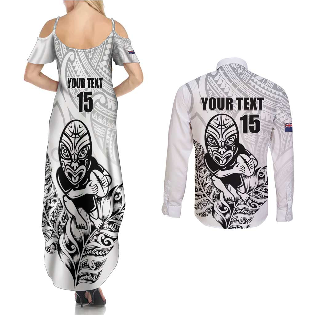 New Zealand Silver Fern Rugby Custom Couples Matching Summer Maxi Dress and Long Sleeve Button Shirt Maori Tiki White Version