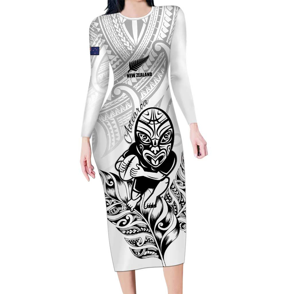 New Zealand Silver Fern Rugby Custom Family Matching Long Sleeve Bodycon Dress and Hawaiian Shirt Maori Tiki White Version