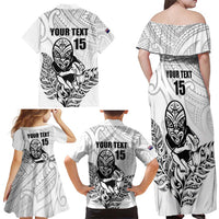 New Zealand Silver Fern Rugby Custom Family Matching Off Shoulder Maxi Dress and Hawaiian Shirt Maori Tiki White Version