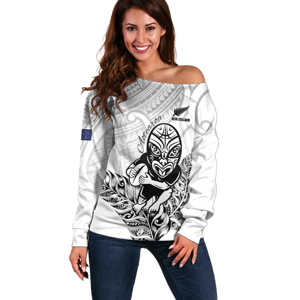 New Zealand Silver Fern Rugby Custom Off Shoulder Sweater Maori Tiki White Version