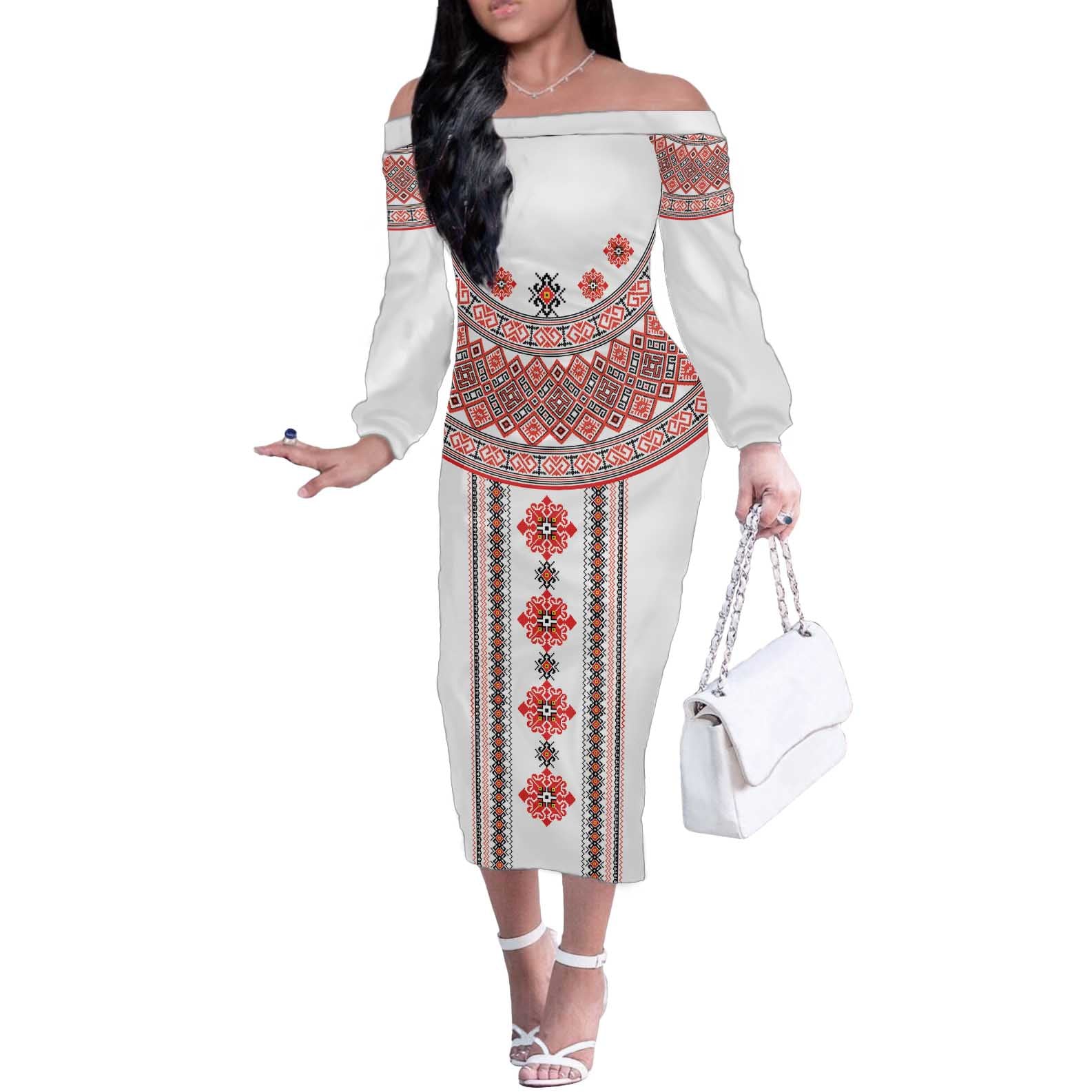 Bulgarian Embroidery Style Seamless Pattern Off The Shoulder Long Sleeve Dress