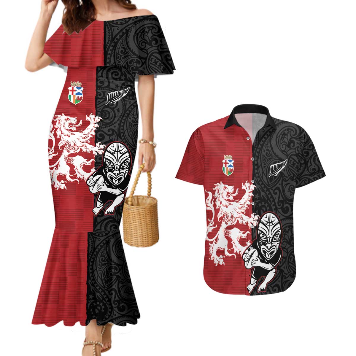 Custom British Lions New Zealand Couples Matching Mermaid Dress and Hawaiian Shirt Unique Style - Polynesian Pride