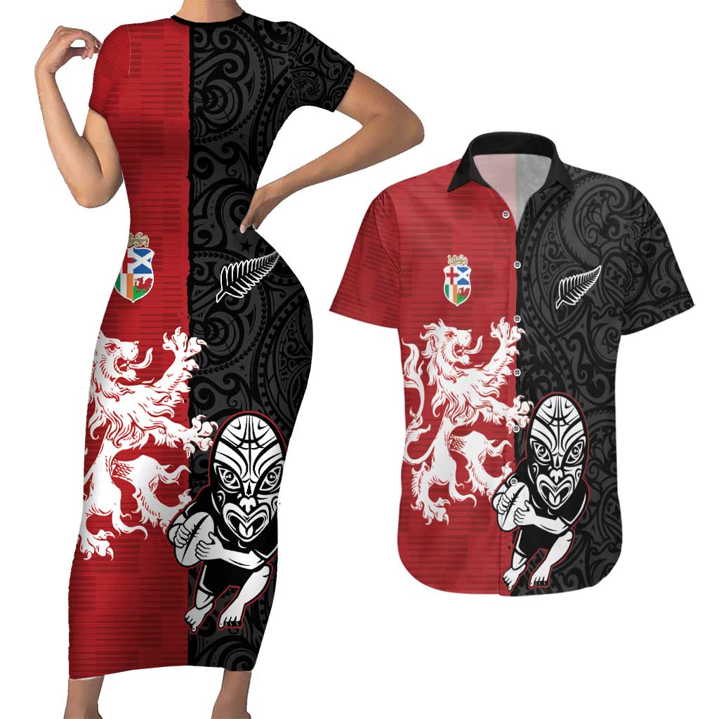 Custom British Lions New Zealand Couples Matching Short Sleeve Bodycon Dress and Hawaiian Shirt Unique Style LT18 Red - Polynesian Pride