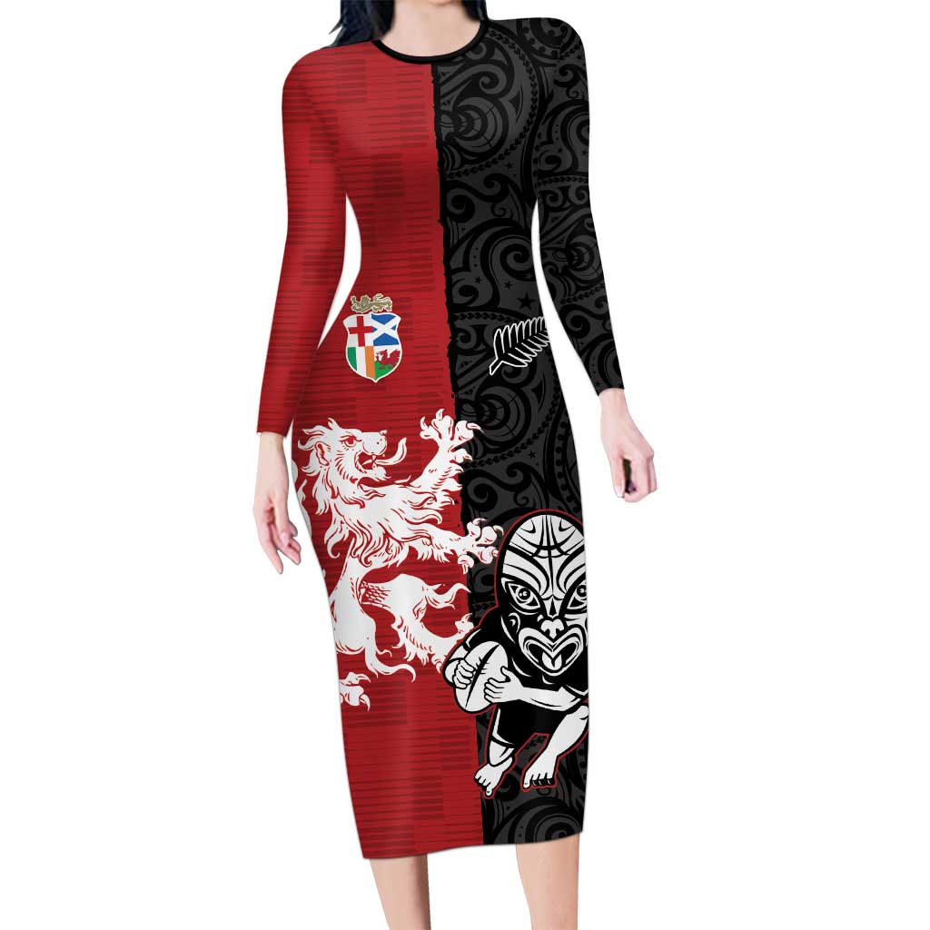 Custom British Lions New Zealand Family Matching Long Sleeve Bodycon Dress and Hawaiian Shirt Unique Style LT18 Mom's Dress Red - Polynesian Pride
