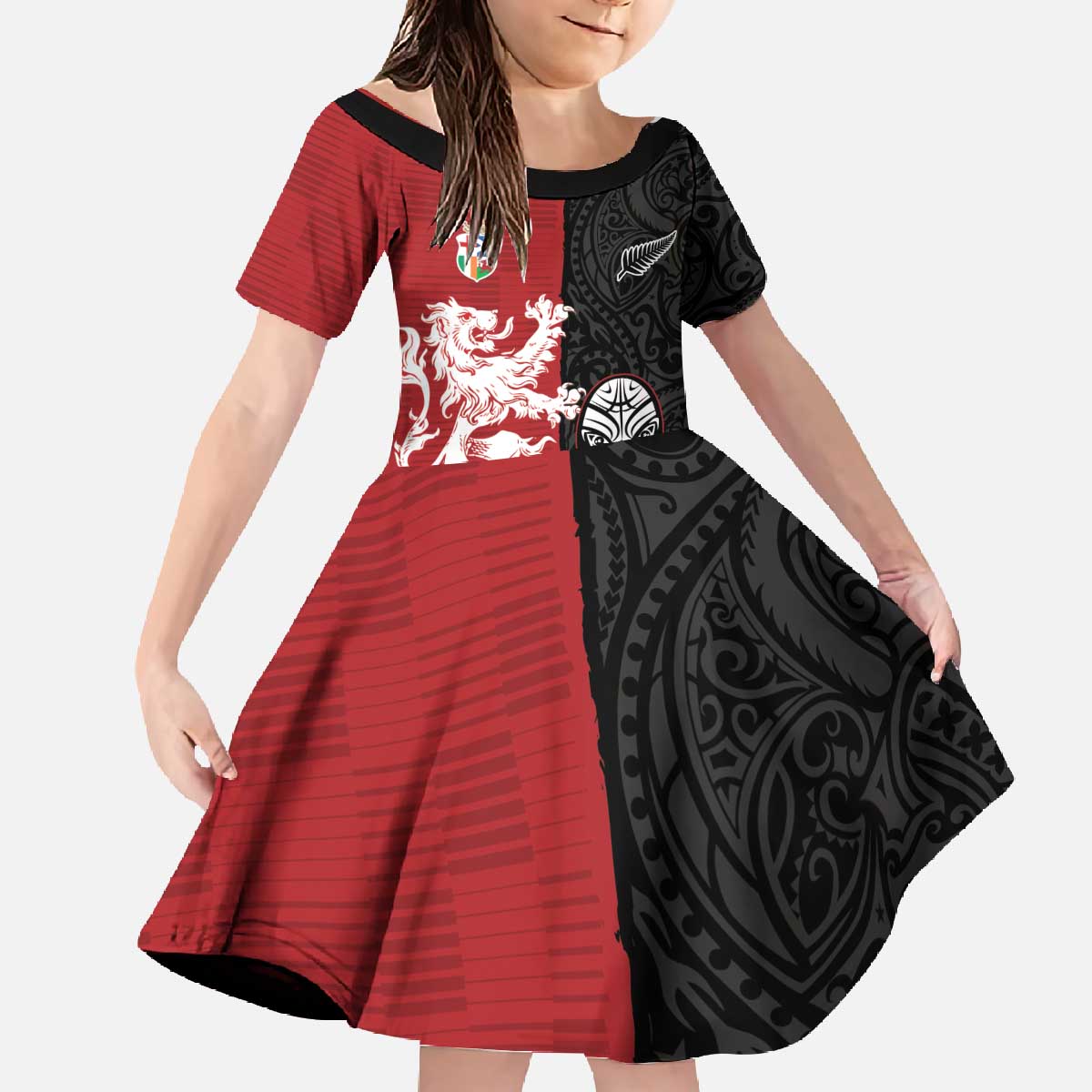 Custom British Lions New Zealand Family Matching Off The Shoulder Long Sleeve Dress and Hawaiian Shirt Unique Style LT18 Daughter's Dress Red - Polynesian Pride
