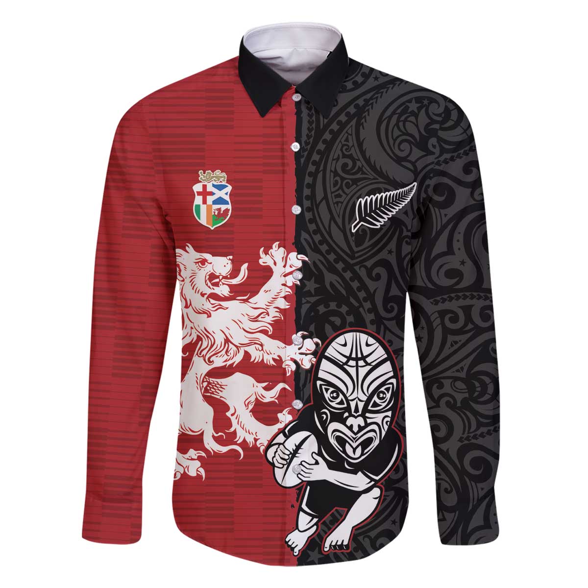 Custom British Lions New Zealand Family Matching Off The Shoulder Long Sleeve Dress and Hawaiian Shirt Unique Style LT18 Dad's Shirt - Long Sleeve Red - Polynesian Pride