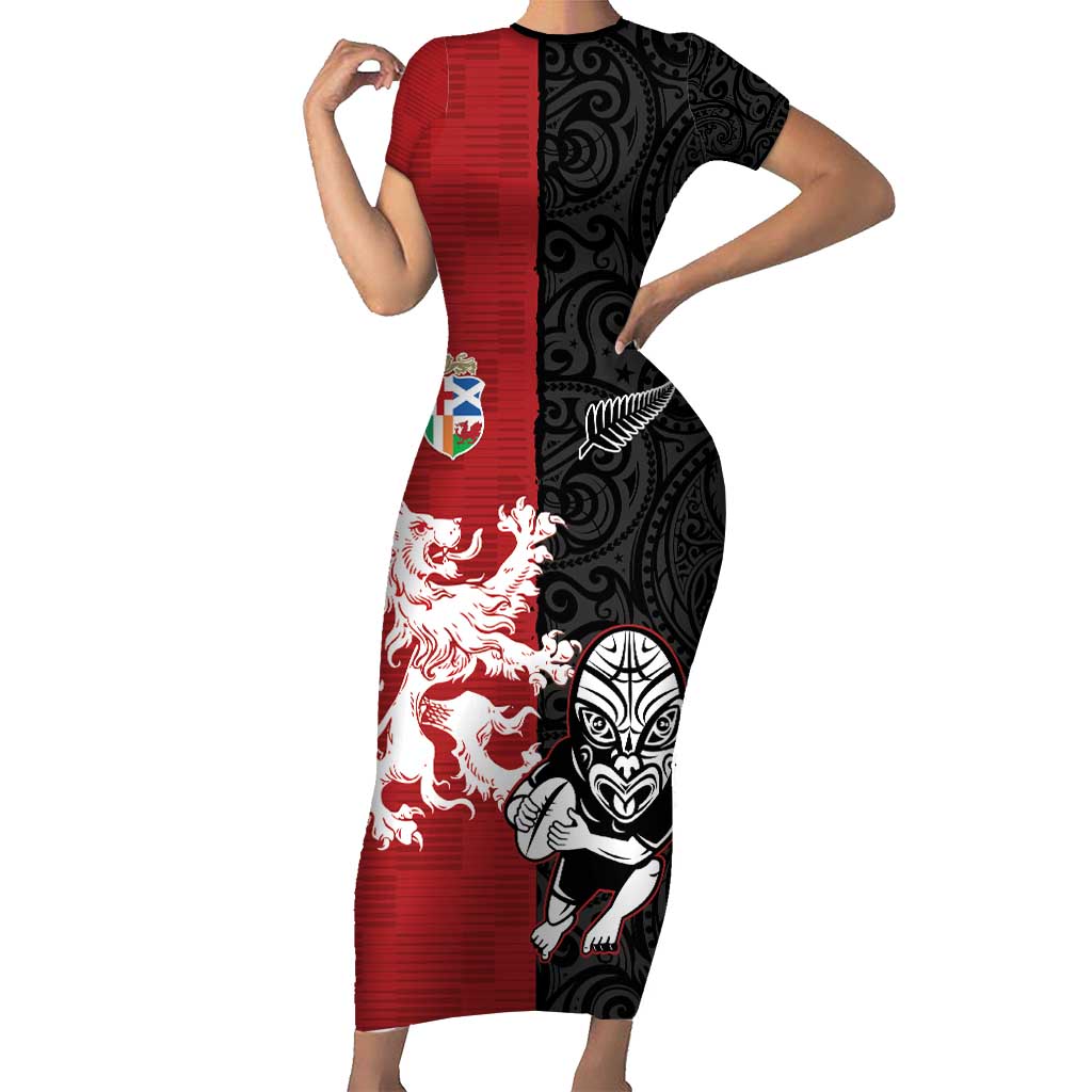 Custom British Lions New Zealand Family Matching Short Sleeve Bodycon Dress and Hawaiian Shirt Unique Style LT18 Mom's Dress Red - Polynesian Pride