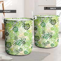 Green Aloha Hawaiian Laundry Basket Monstera Hibiscus Tropical Pattern