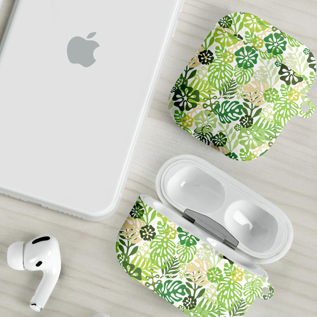 Green Aloha Hawaiian AirPods Case Monstera Hibiscus Tropical Pattern
