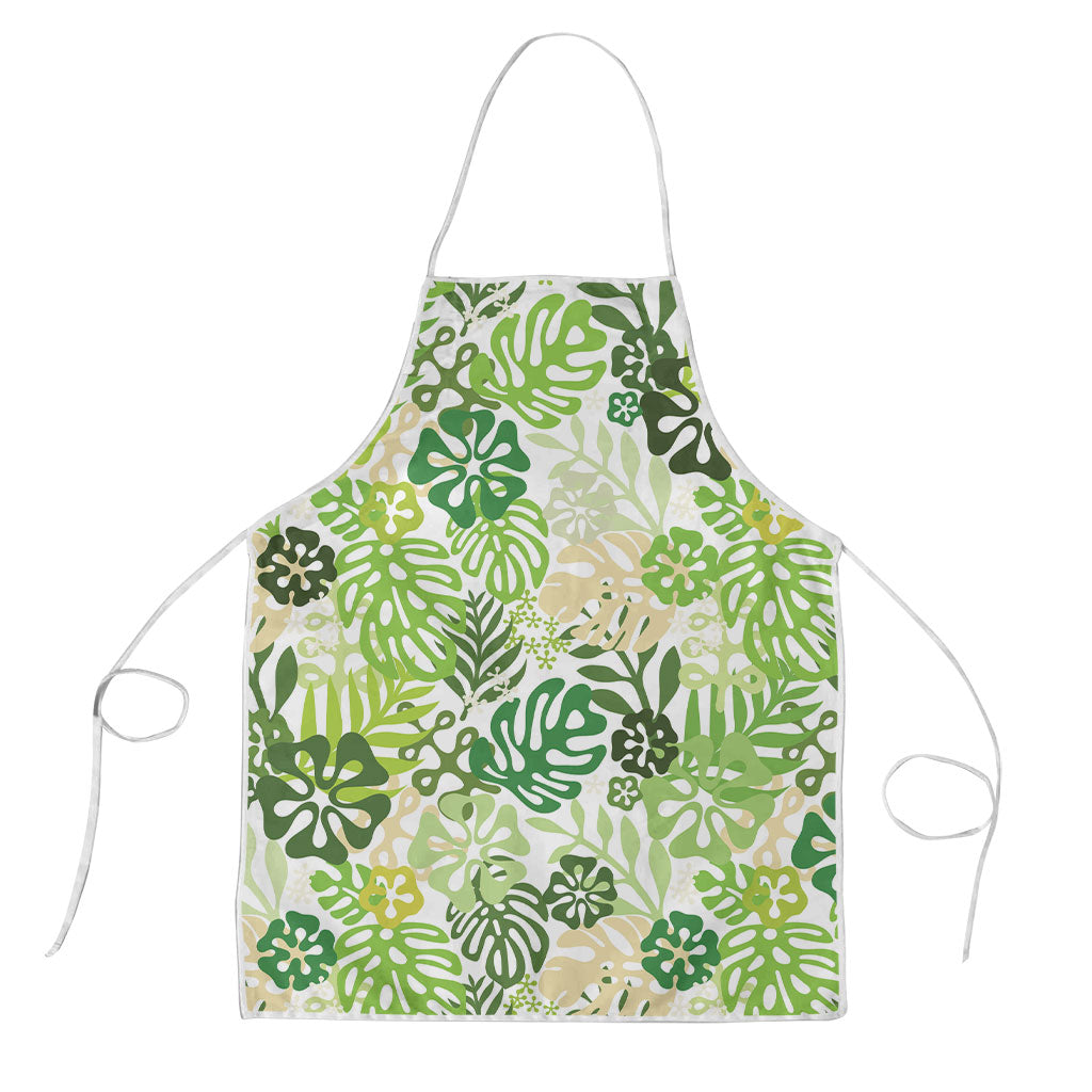 Green Aloha Hawaiian Apron Monstera Hibiscus Tropical Pattern