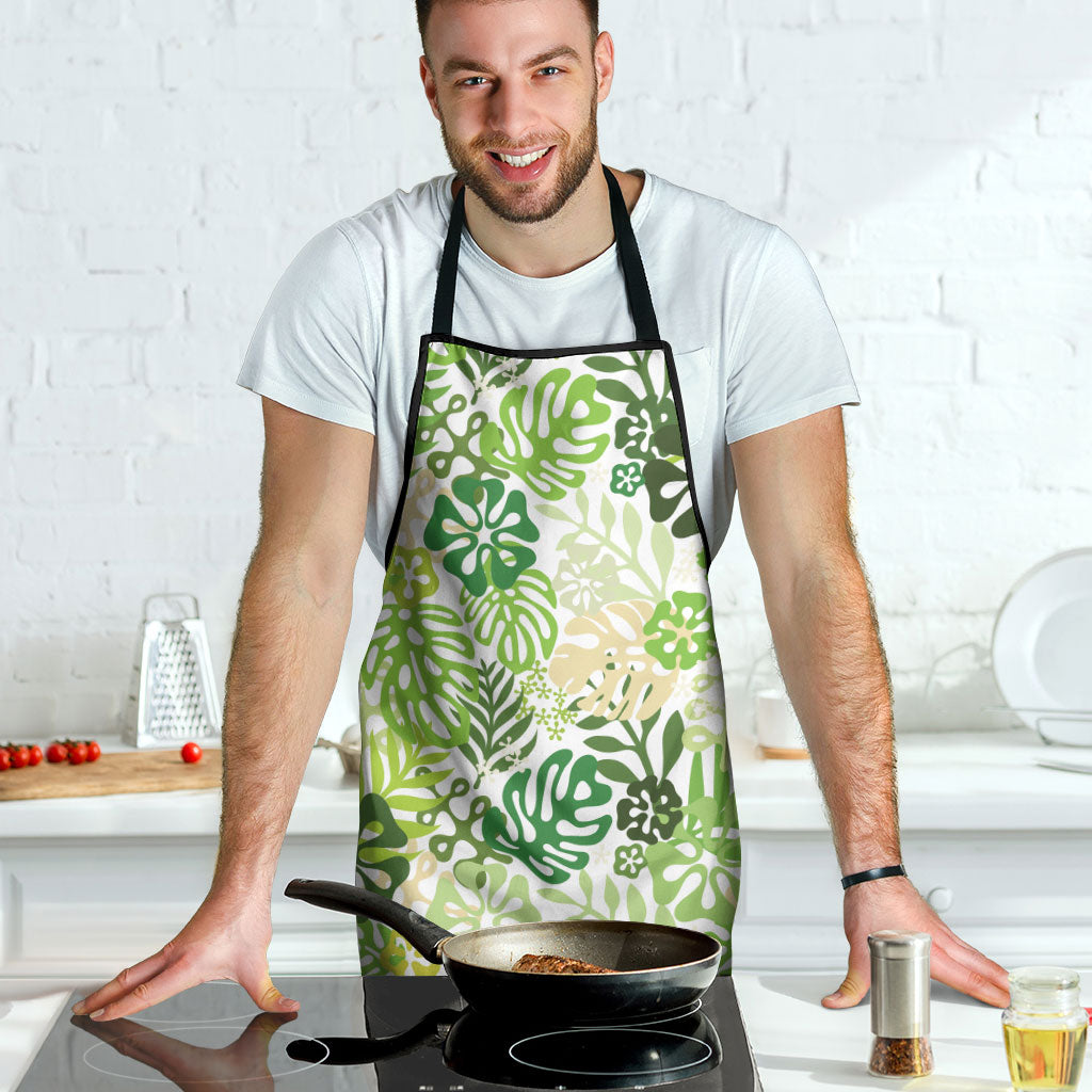 Green Aloha Hawaiian Apron Monstera Hibiscus Tropical Pattern