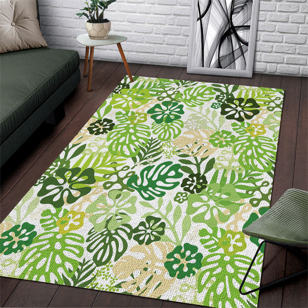 Green Aloha Hawaiian Area Rug Monstera Hibiscus Tropical Pattern