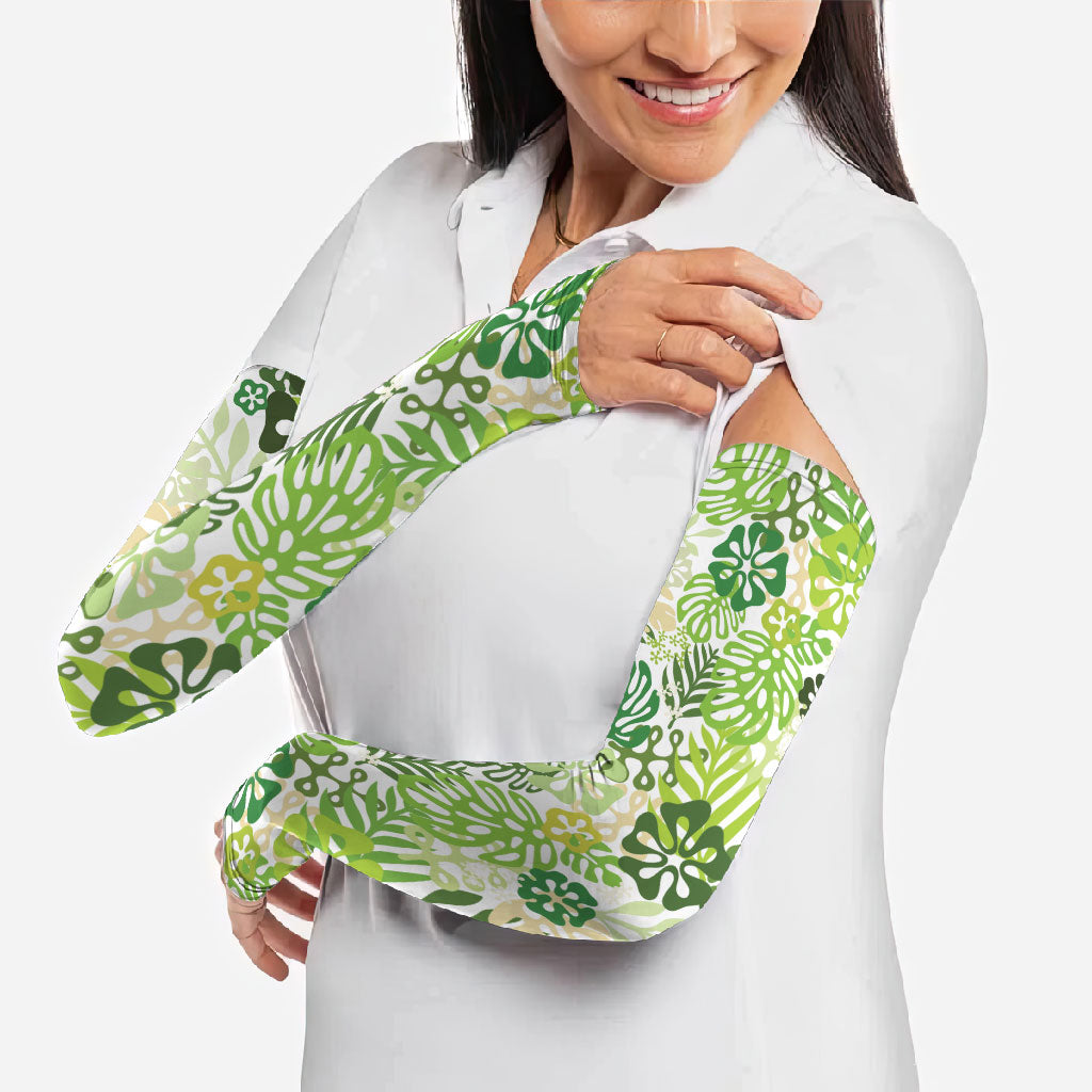Green Aloha Hawaiian Arm Sleeves Monstera Hibiscus Tropical Pattern