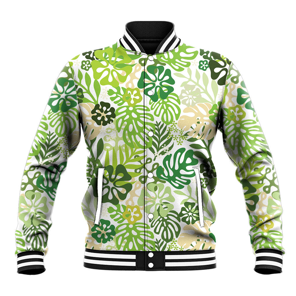 Green Aloha Hawaiian Baseball Jacket Monstera Hibiscus Tropical Pattern