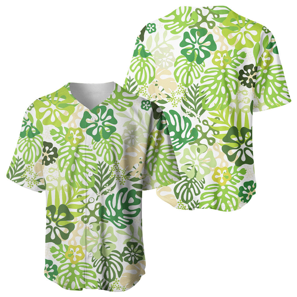 Green Aloha Hawaiian Baseball Jersey Monstera Hibiscus Tropical Pattern