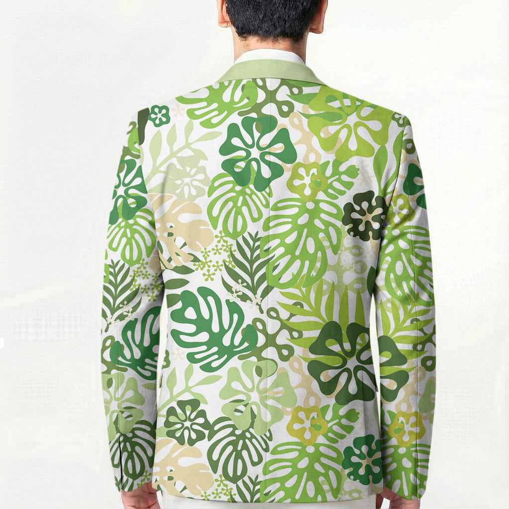 Green Aloha Hawaiian Blazer Monstera Hibiscus Tropical Pattern