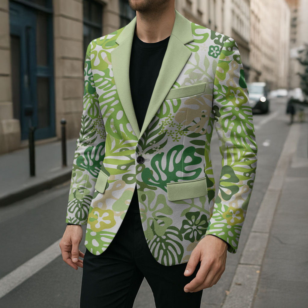 Green Aloha Hawaiian Blazer Monstera Hibiscus Tropical Pattern