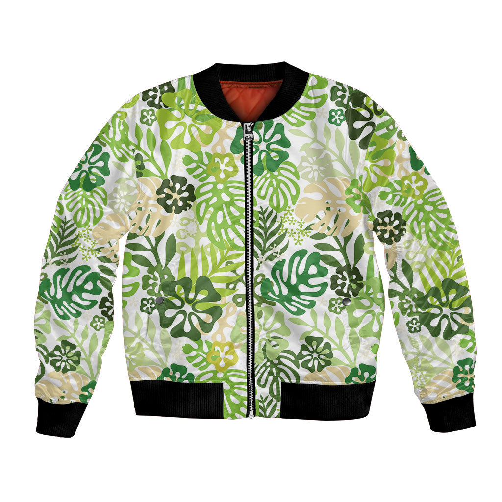 Green Aloha Hawaiian Bomber Jacket Monstera Hibiscus Tropical Pattern LT19 Unisex Green - Polynesian Pride