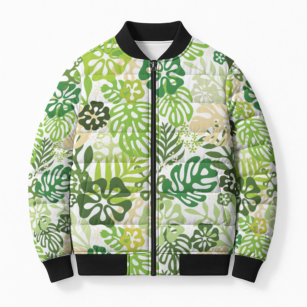 Green Aloha Hawaiian Bomber Puffer Jacket Monstera Hibiscus Tropical Pattern