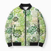 Green Aloha Hawaiian Bomber Puffer Jacket Monstera Hibiscus Tropical Pattern