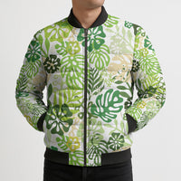Green Aloha Hawaiian Bomber Puffer Jacket Monstera Hibiscus Tropical Pattern