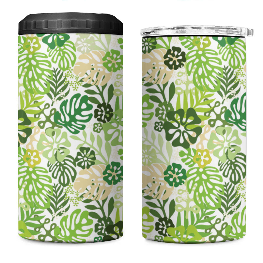 Green Aloha Hawaiian 4 in 1 Can Cooler Tumbler Monstera Hibiscus Tropical Pattern