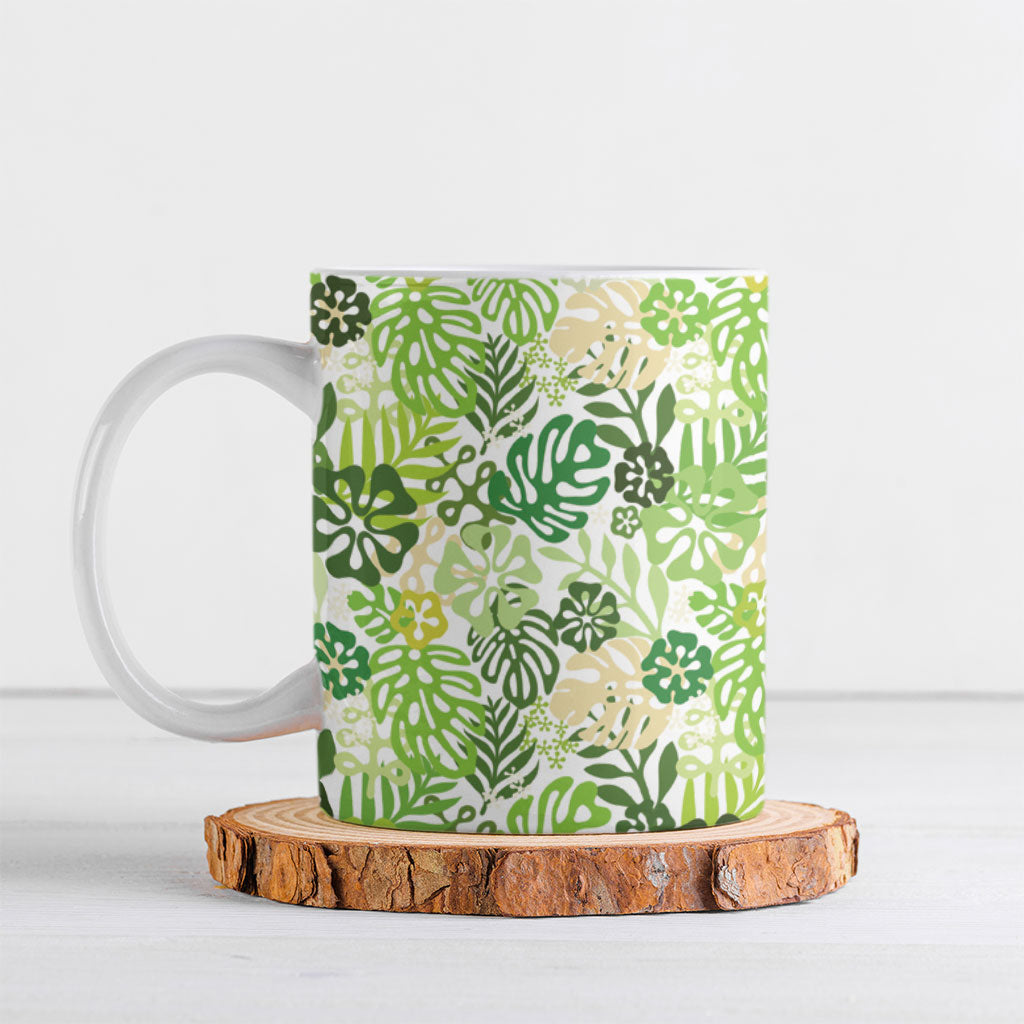 Green Aloha Hawaiian Ceramic Mug Monstera Hibiscus Tropical Pattern LT19 Green - Polynesian Pride