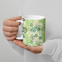 Green Aloha Hawaiian Ceramic Mug Monstera Hibiscus Tropical Pattern