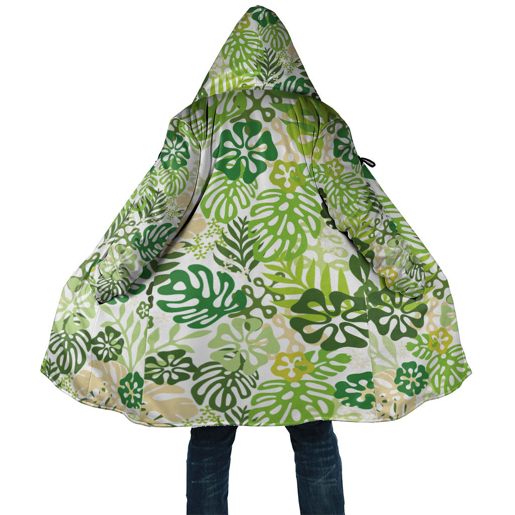 Green Aloha Hawaiian Cloak Monstera Hibiscus Tropical Pattern