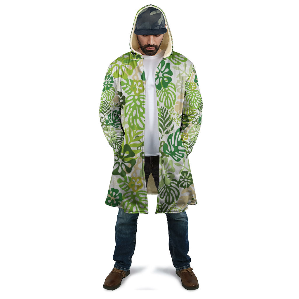 Green Aloha Hawaiian Cloak Monstera Hibiscus Tropical Pattern