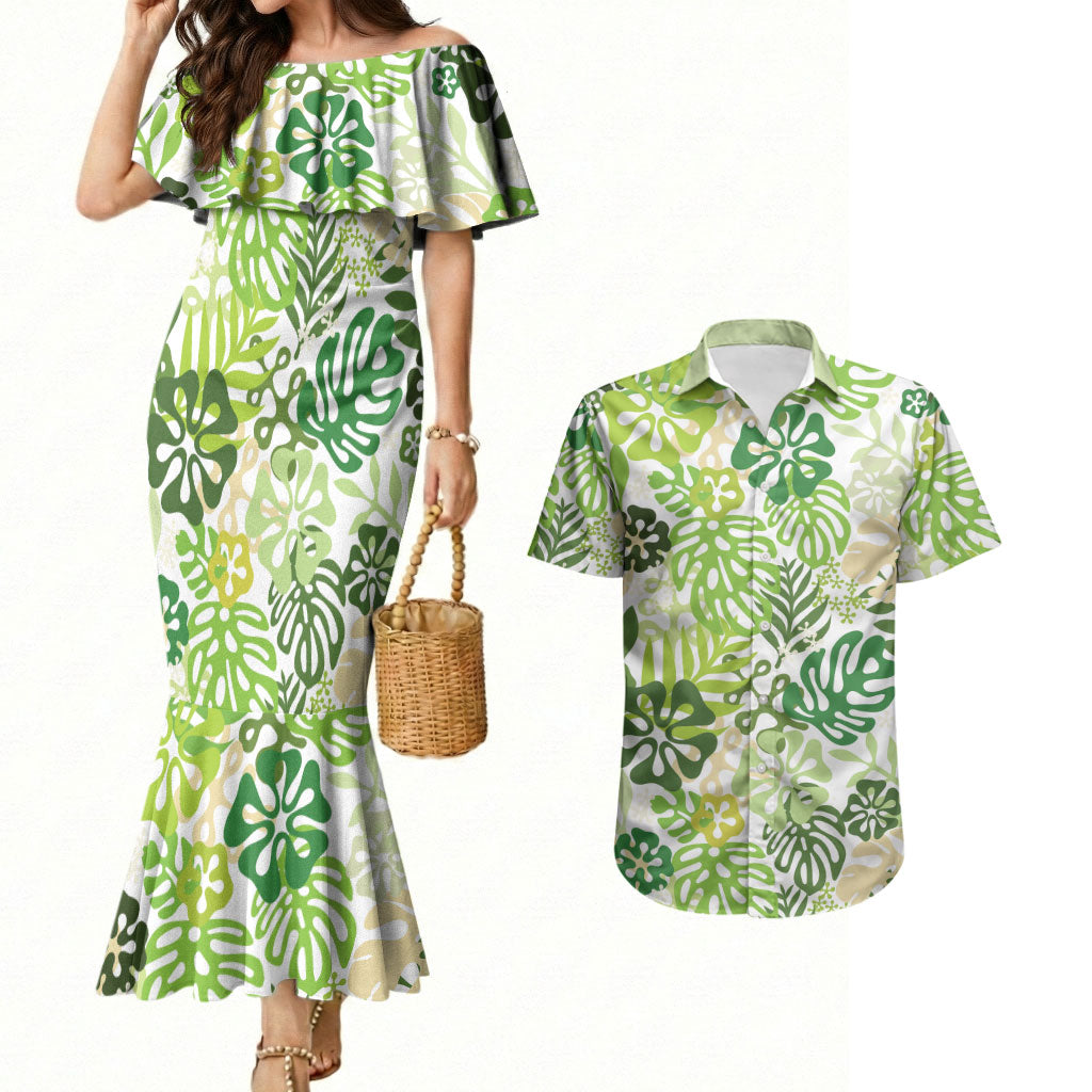 Green Aloha Hawaiian Couples Matching Mermaid Dress and Hawaiian Shirt Monstera Hibiscus Tropical Pattern