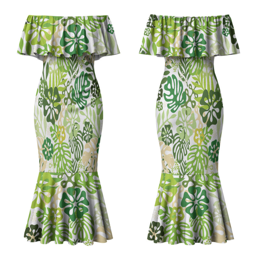 Green Aloha Hawaiian Couples Matching Mermaid Dress and Long Sleeve Button Shirt Monstera Hibiscus Tropical Pattern